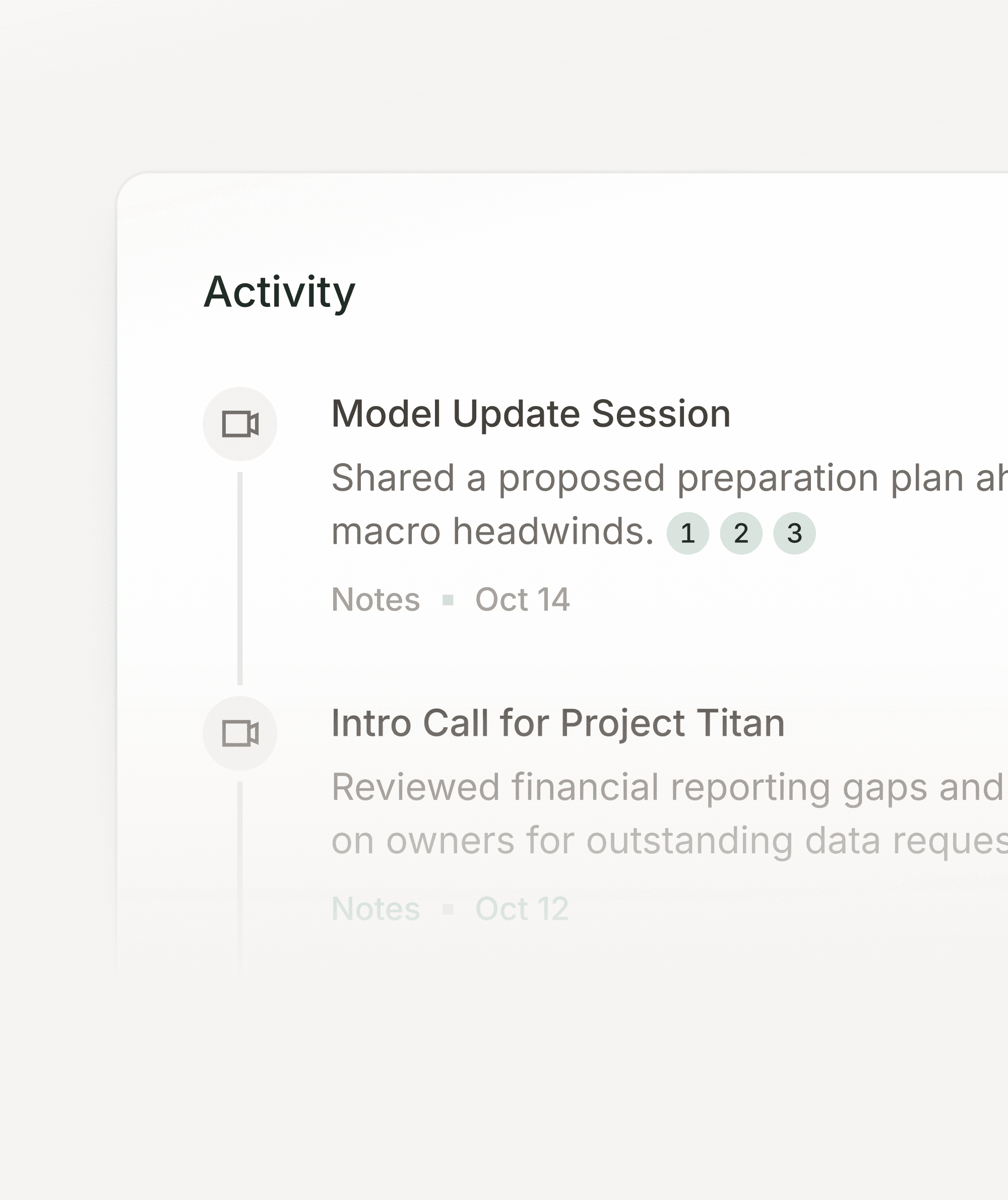An activity feed of meeting notes attached to people and deals.