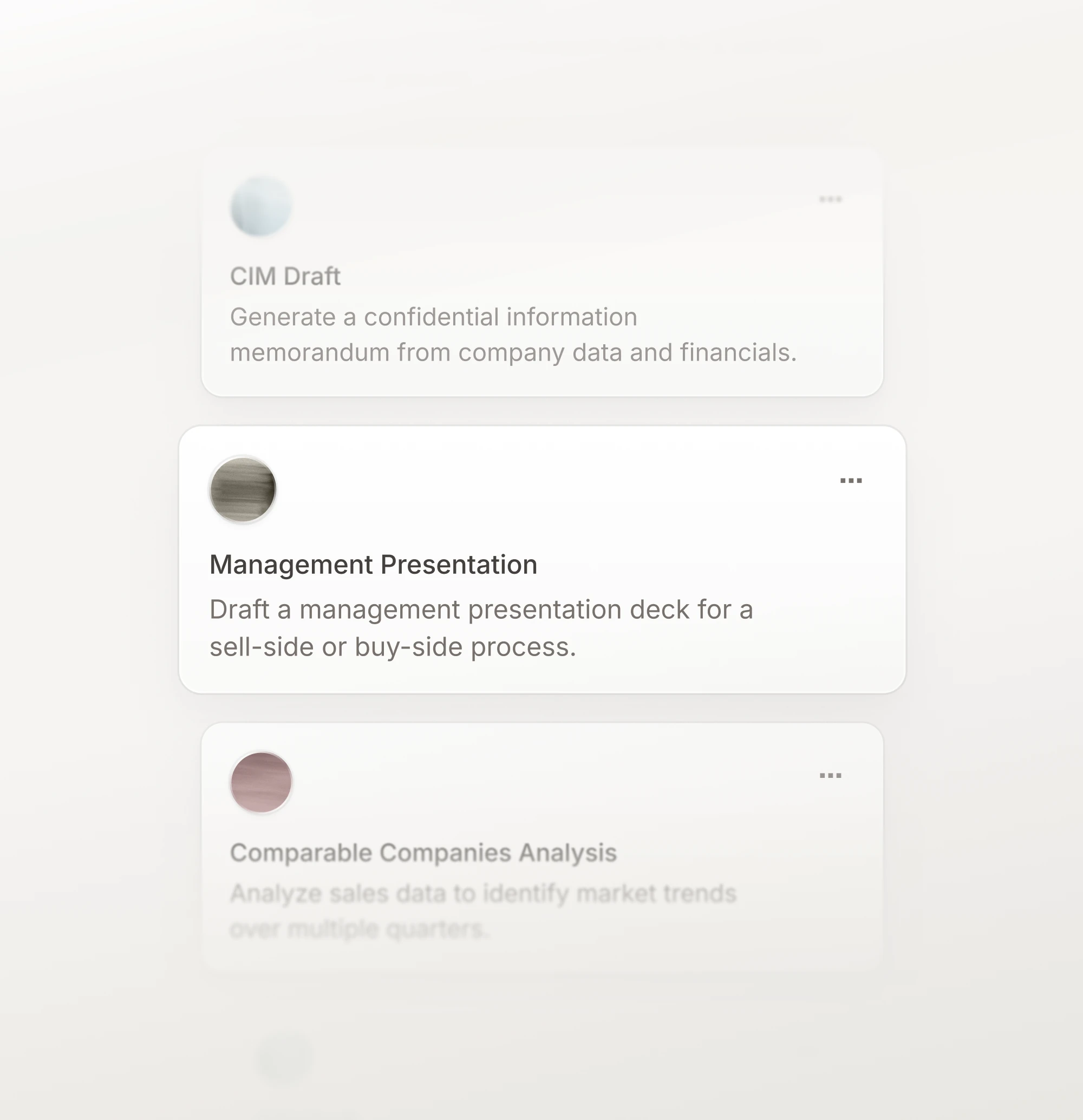 Three pre-built agents: a CIM draft, a management presentation, and a comparable companies analysis.