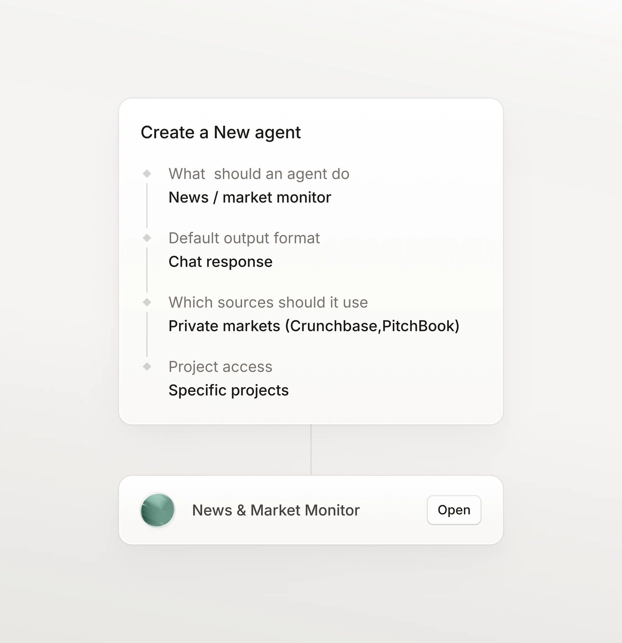 A form for creating an agent, covering what it does, its output format, sources, and project access.