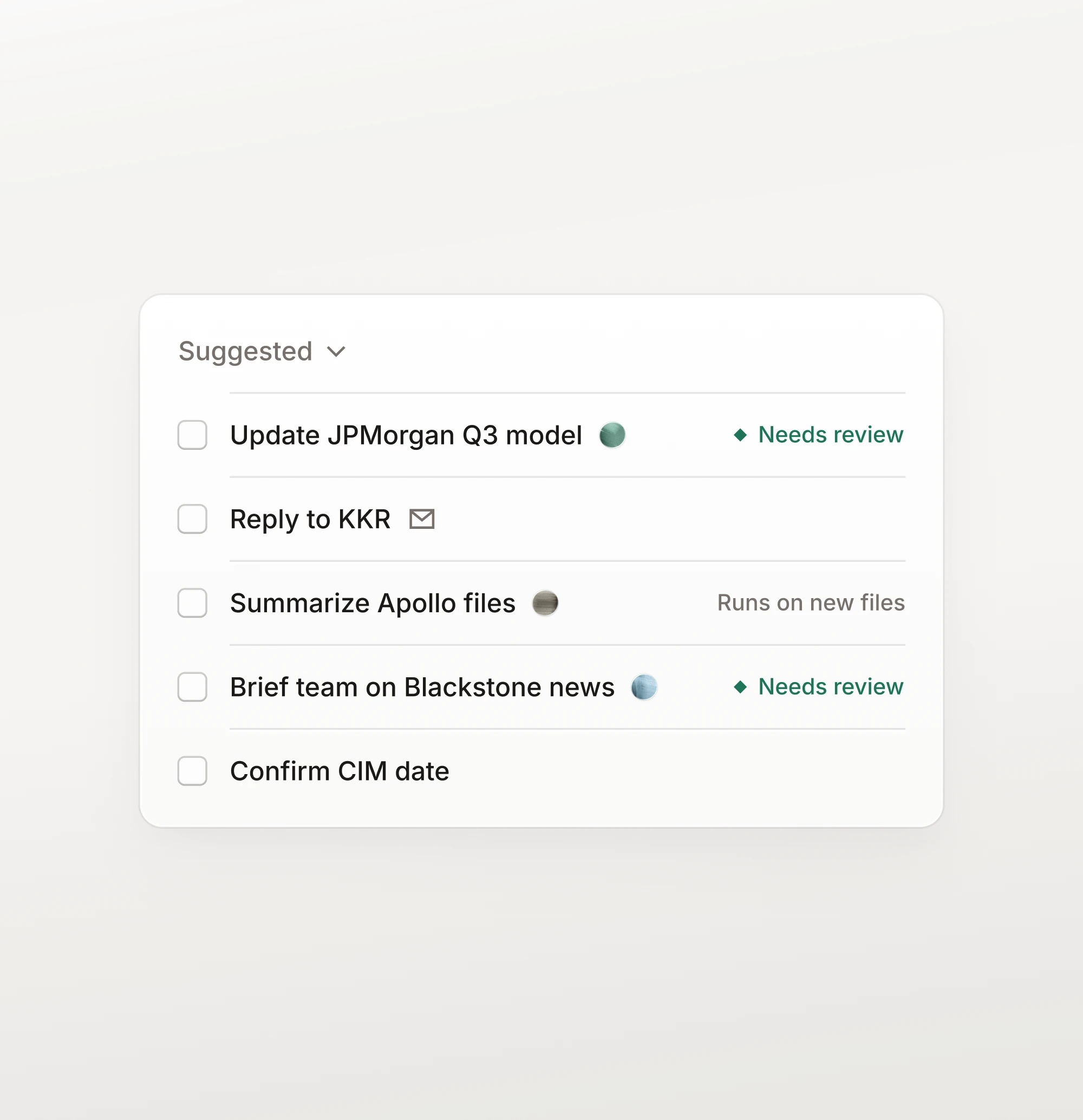 A suggested list of agent tasks, some waiting for review and one set to run when new files arrive.