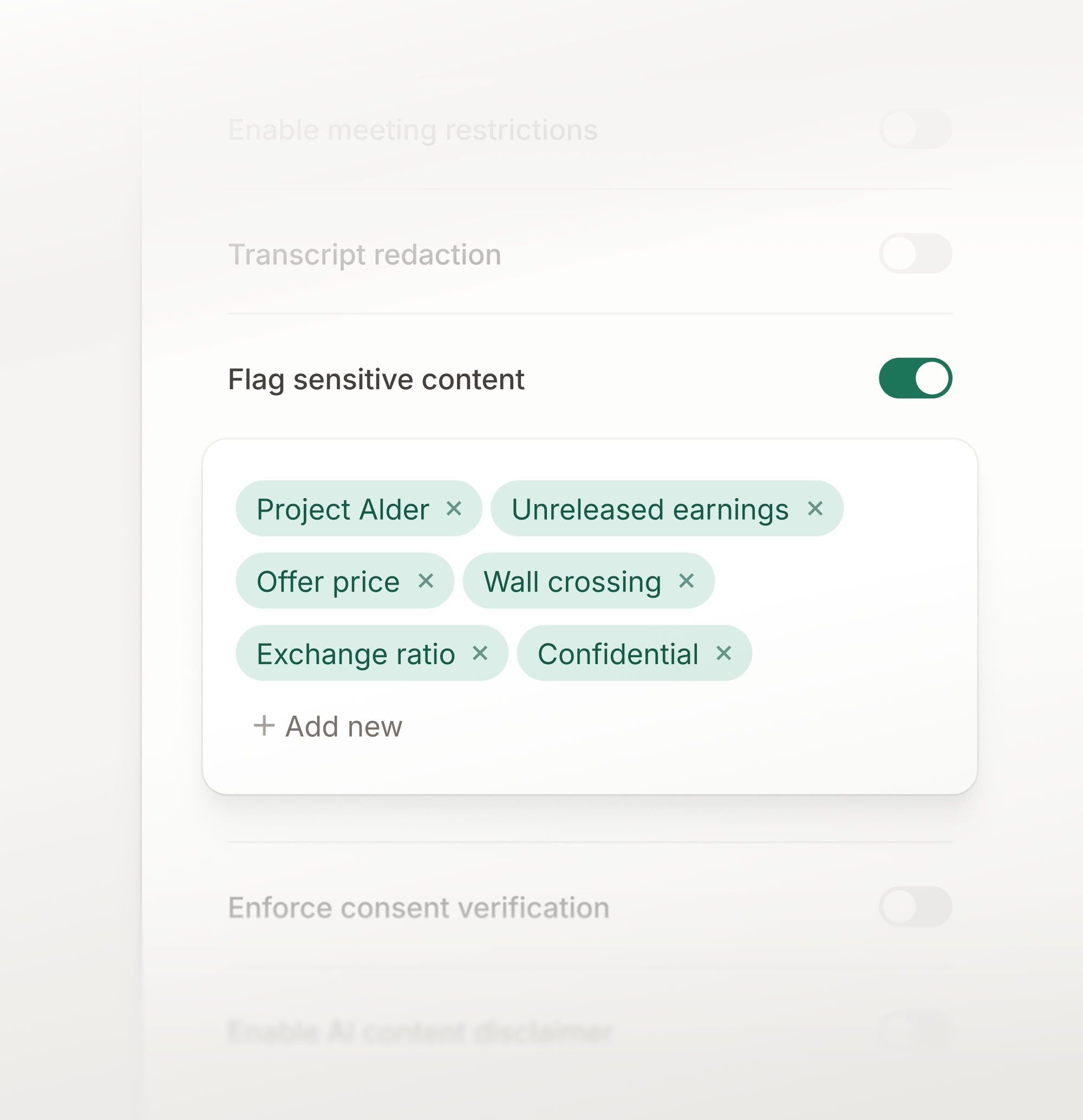Policy controls for flagging sensitive meeting content.