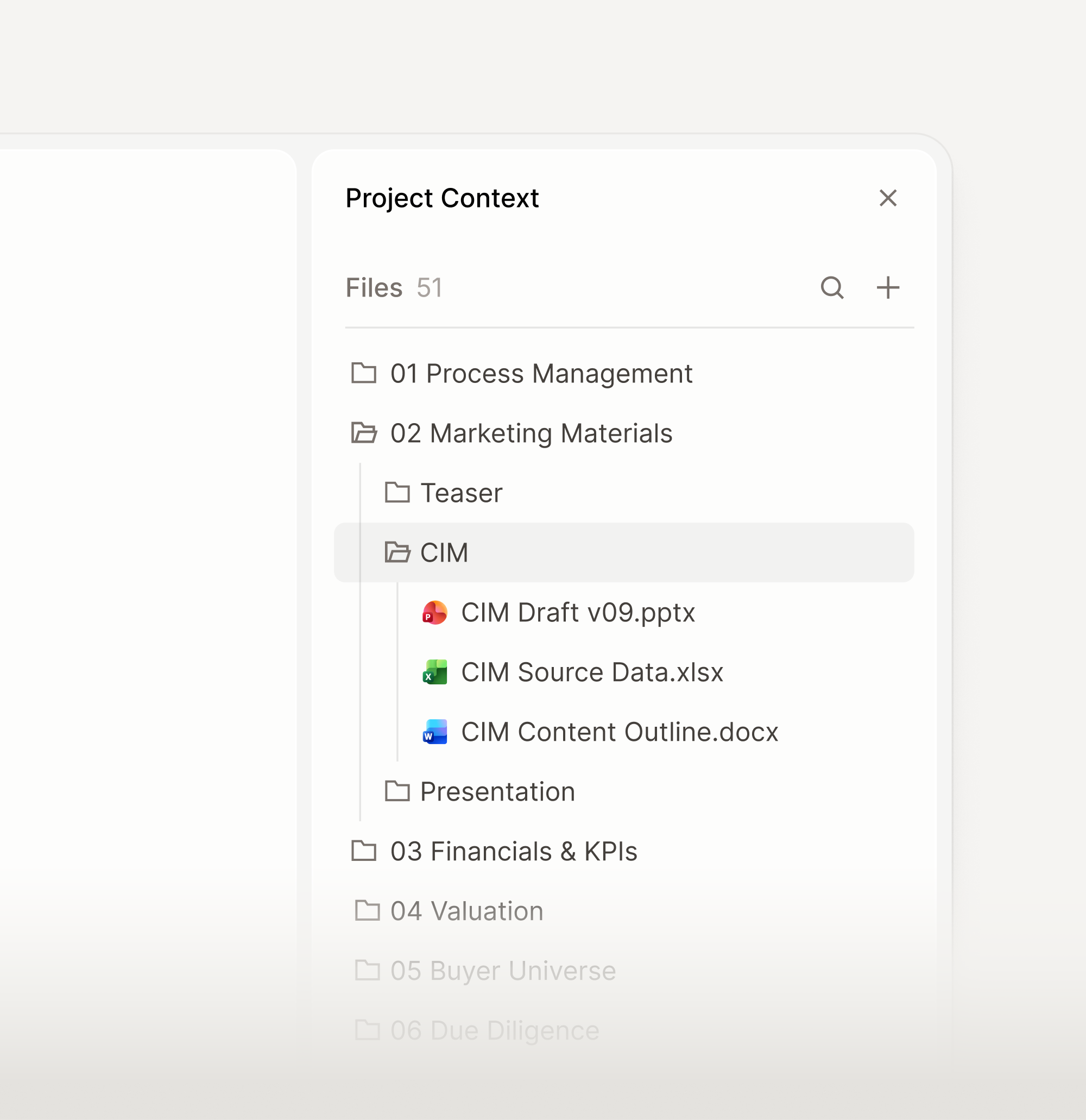 A project's file tree, deal folders nested under a project.