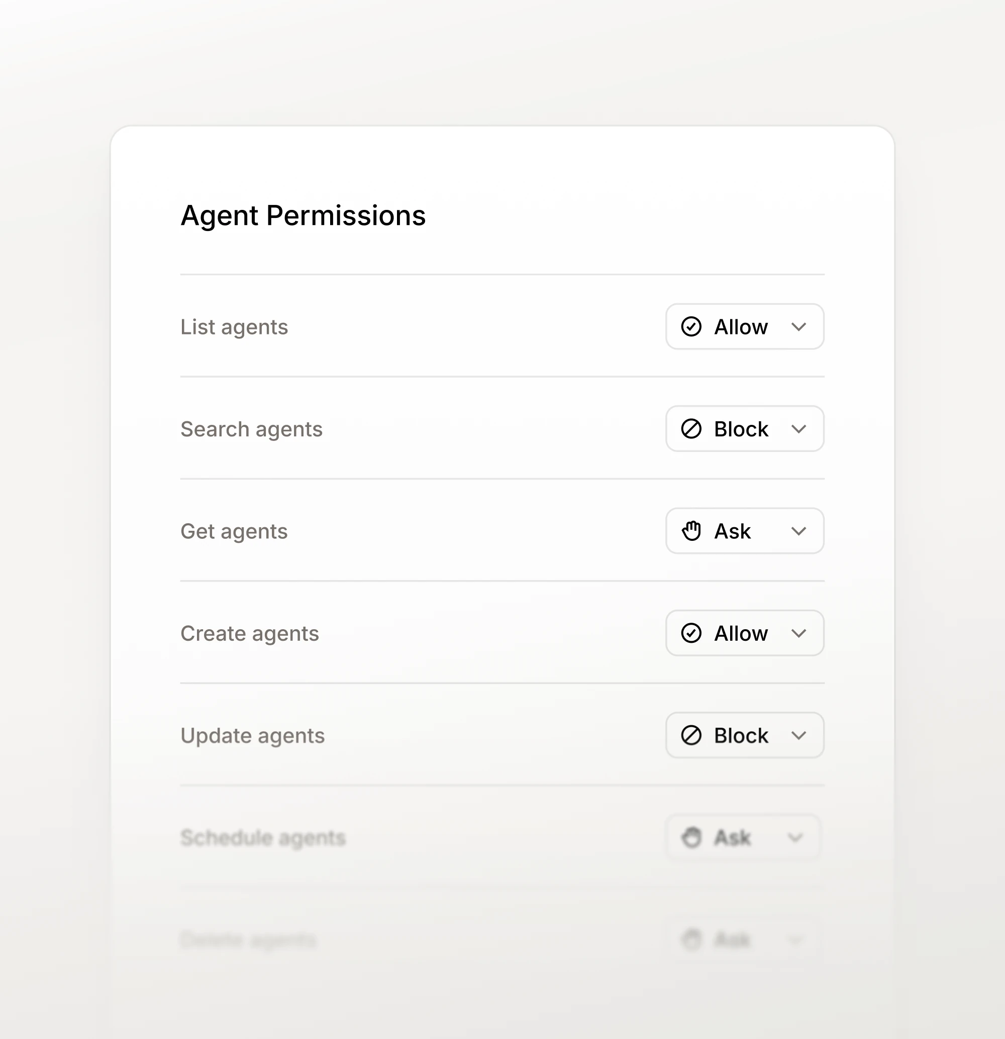 Agent permissions, each set to allow, block, or ask.